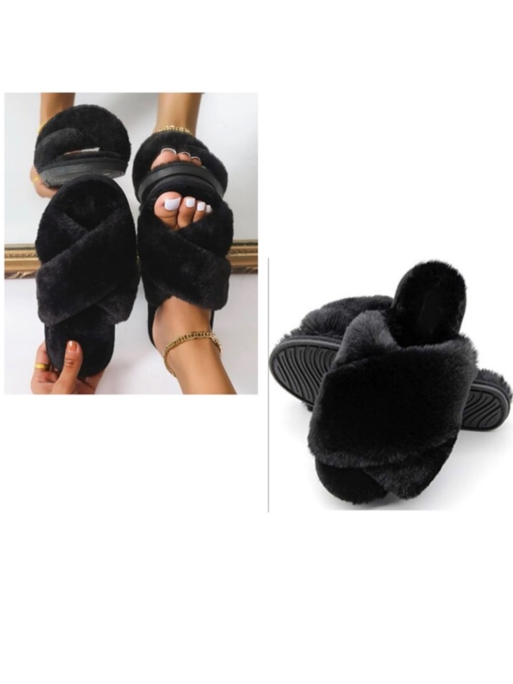 FamiPort Cross Band Fluffy Fuzzy Slippers Women Color Black Size M 7-8.5